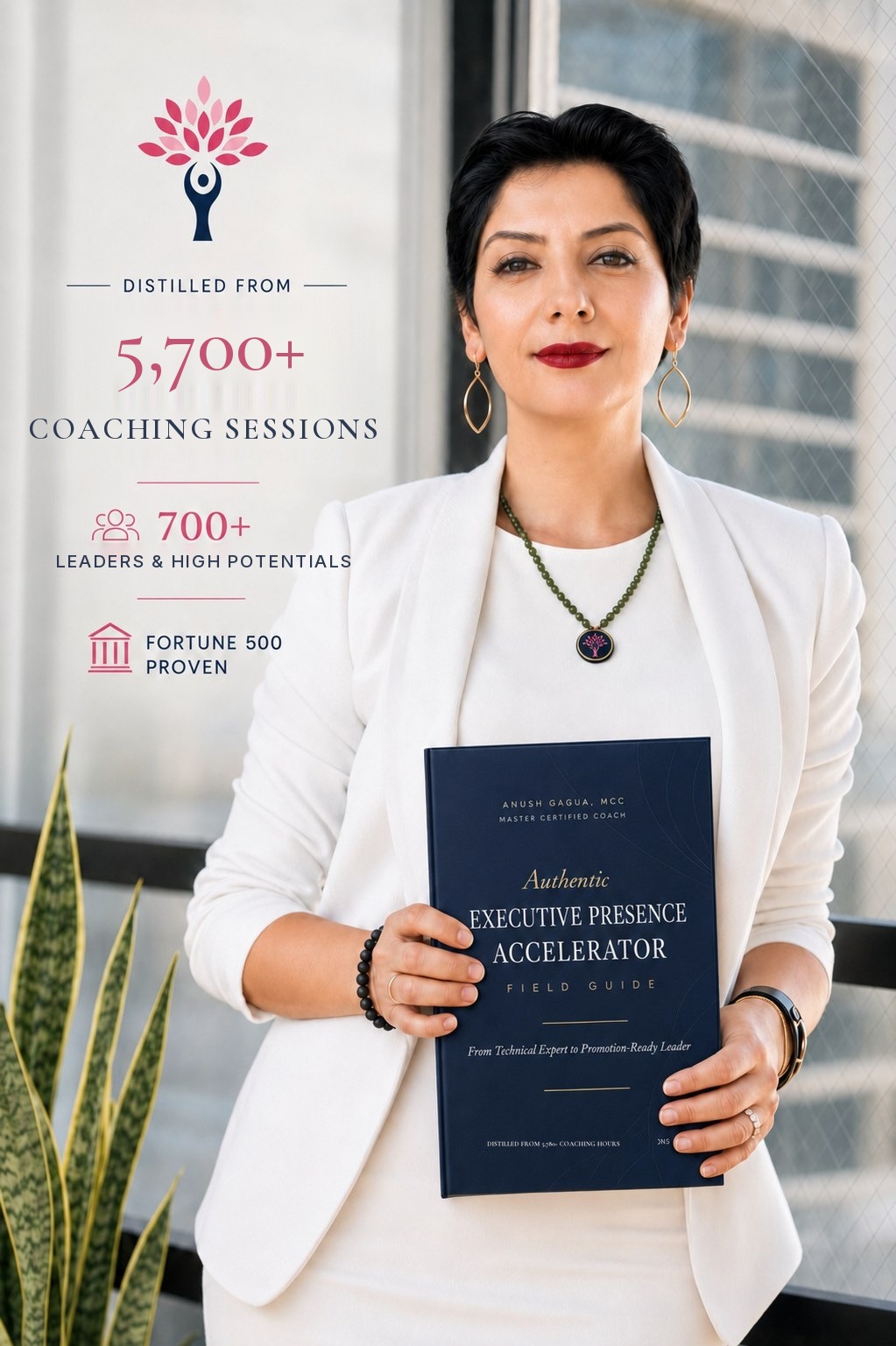 Anush Gagua, Master Certified Coach, holding the Authentic Executive Presence Accelerator field guide